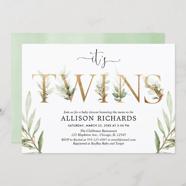 Gender neutral twins baby shower greenery invitation (Front/Back)