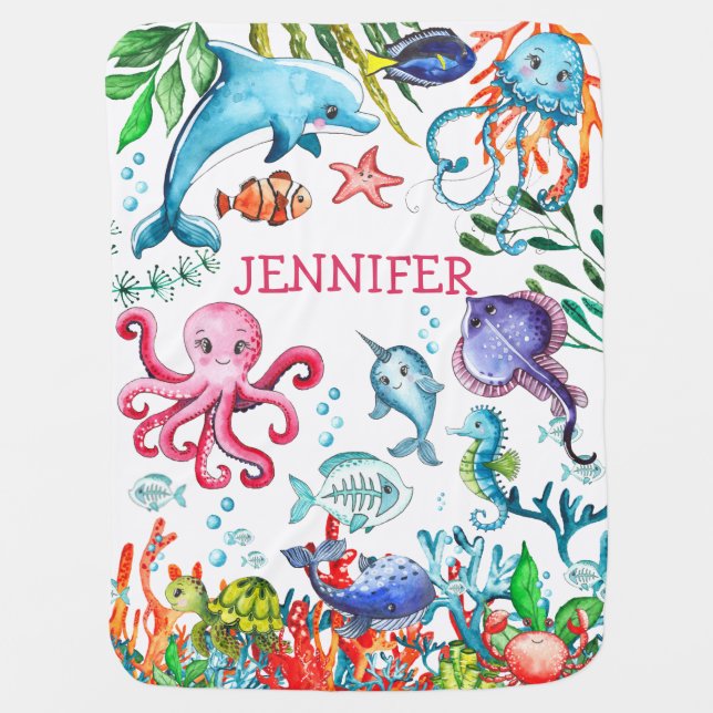 Gender Neutral Under the Sea Ocean Cute White Baby Blanket (Front)