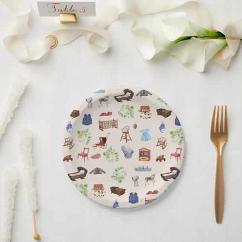 Gender Neutral Vintage Baby Nursery Toys Pattern Paper Plates