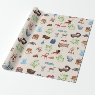 Gender Neutral Vintage Baby Nursery Toys Pattern Wrapping Paper