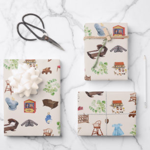 Gender Neutral Vintage Baby Nursery Toys Pattern Wrapping Paper Sheets