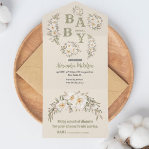 Gender Neutral Vintage Floral Baby Shower All In One Invitation