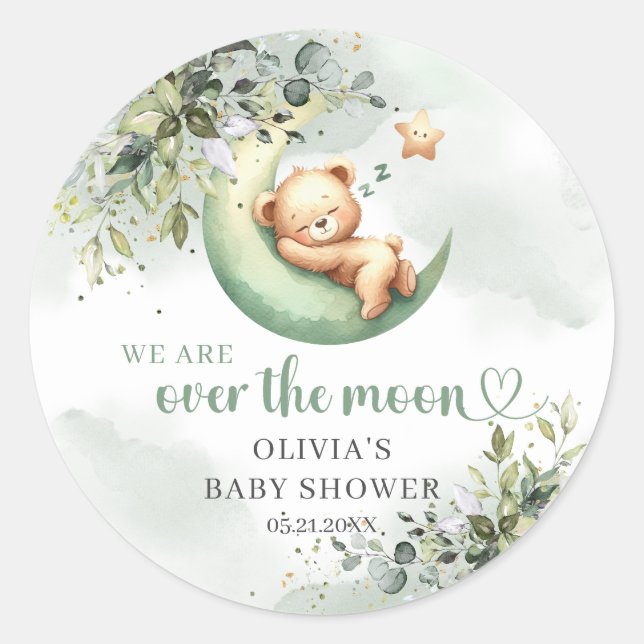 Gender neutral watercolor greenery over the moon classic round sticker (Front)