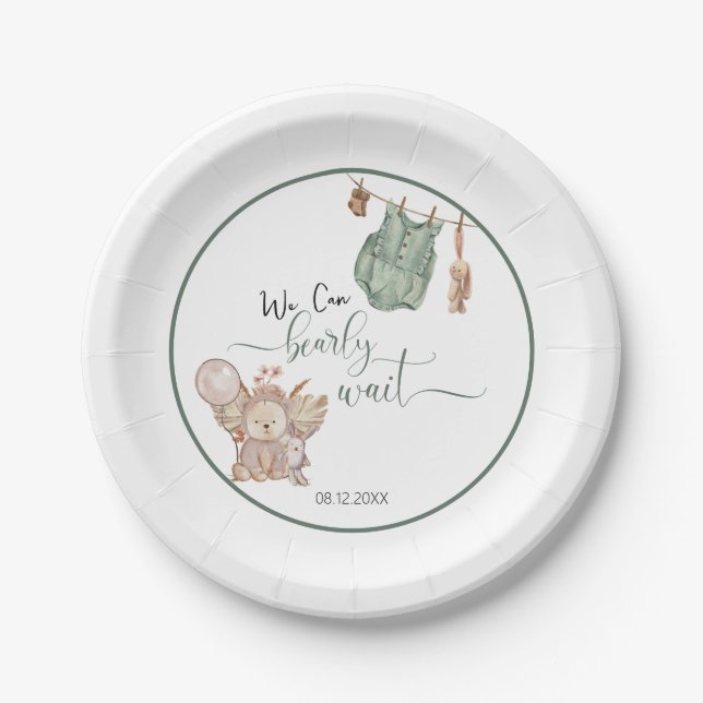 Gender Neutral We Can Bearly Wait Baby Shower Paper Plates (Front)