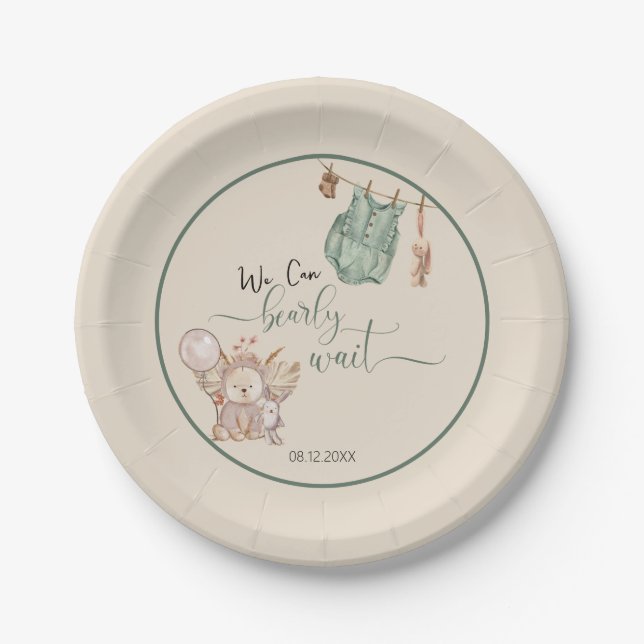 Gender Neutral We Can Bearly Wait Baby Shower Paper Plates (Front)
