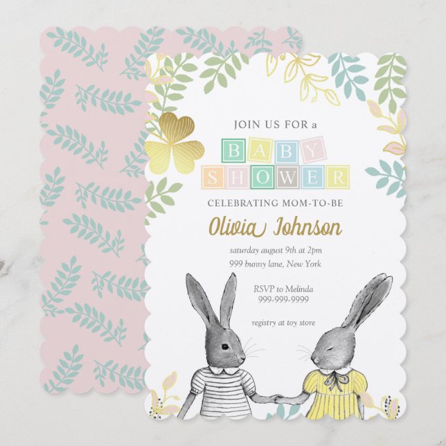Gender Neutral Whimsical Rustic Bunny Baby Shower  Invitation (Front/Back)