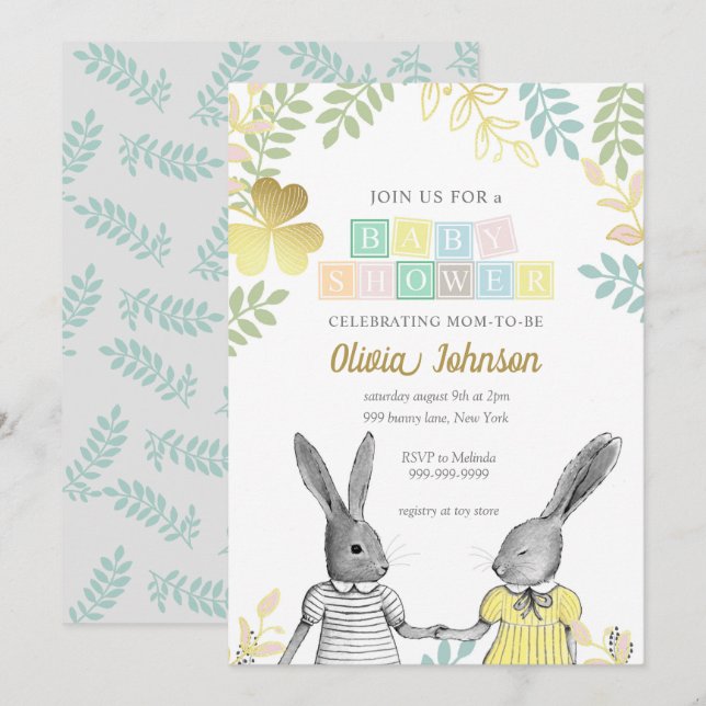 Gender Neutral Whimsical Rustic Bunny Baby Shower  Invitation (Front/Back)