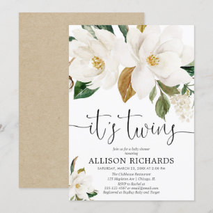 Gender neutral white floral Twins baby shower Invitation