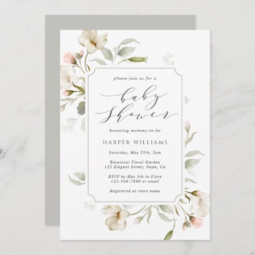 Gender Neutral White Sage Gray Floral Baby Shower Invitation