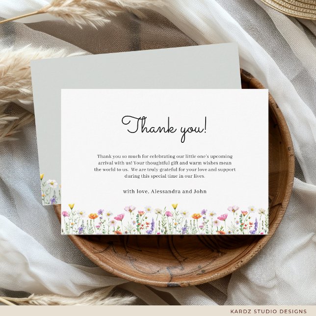 Gender-Neutral Wildflower Baby Shower Note Card (Thank-you card is shown in 3.5 x 5 inches, personalize and choose size, paper, and corner style.)