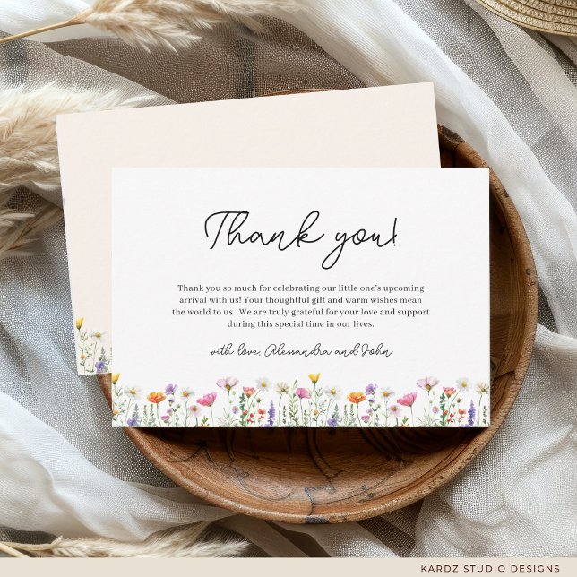 Gender-Neutral Wildflower Boho Baby Shower Note Card (Thank-you card shown in 3.5 x 5 inches. Personalize and choose size, paper, and corner style.)