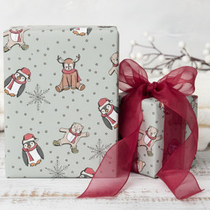 Gender Neutral Winter Animals Sage Green Wrapping Paper