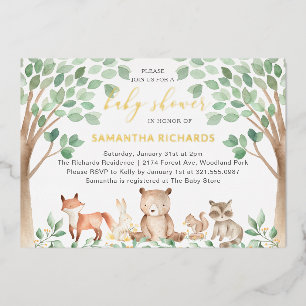 Gender Neutral Woodland Animals Baby Shower Gold Foil Invitation