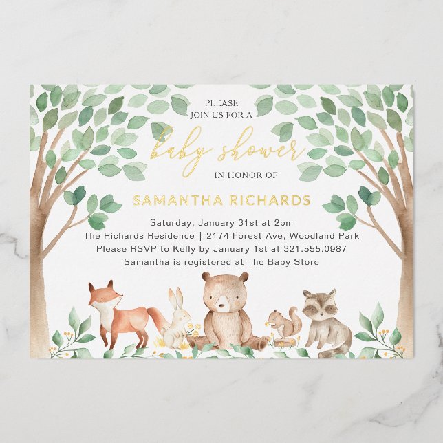 Gender Neutral Woodland Animals Baby Shower Gold Foil Invitation (Front)