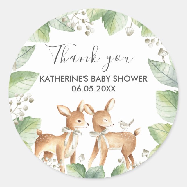 Gender Neutral Woodland Deer Twins Baby Shower Classic Round Sticker (Front)