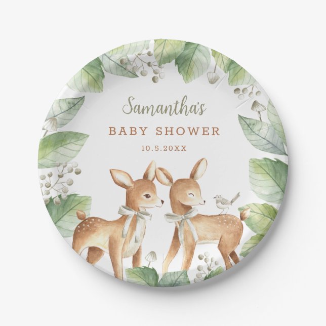 Gender Neutral Woodland Deer Twins Baby Shower Pap Paper Plates (Front)