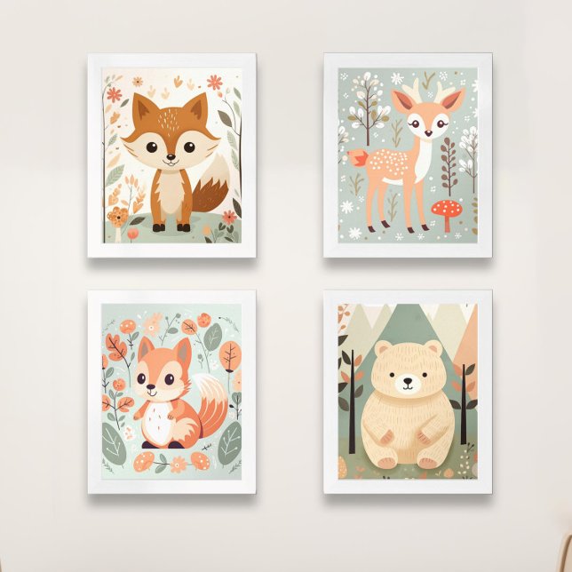 Gender Neutral Woodland Friends, Baby Animal Nurse Wall Art Sets (Cute Woodland Friends, Baby Animals Gender Neutral Nursery wall Art.)