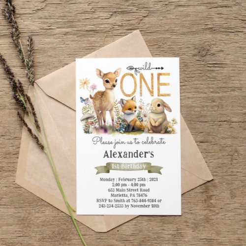 Gender Neutral Woodland Wild One Birthday Party Invitation