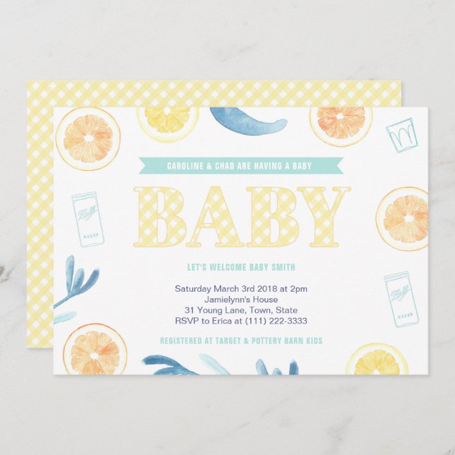 Gender Neutral Yellow Aqua Citrus Baby Shower Invitation (Front/Back)