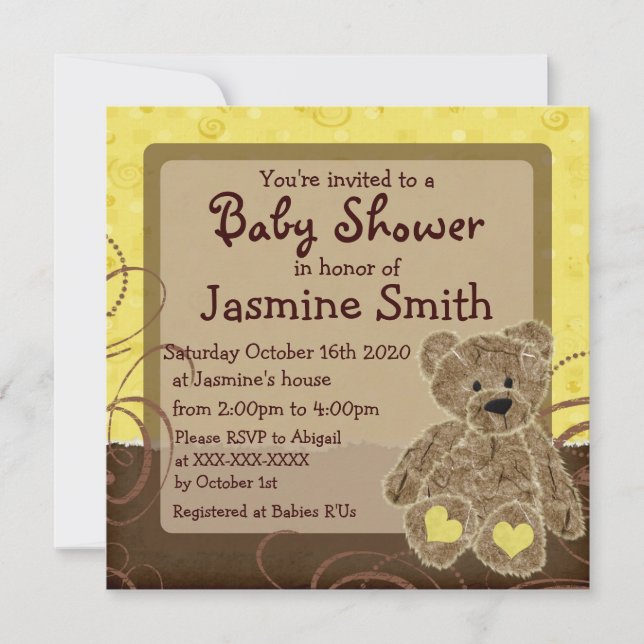 Gender neutral yellow brown teddy shower invites (Front)
