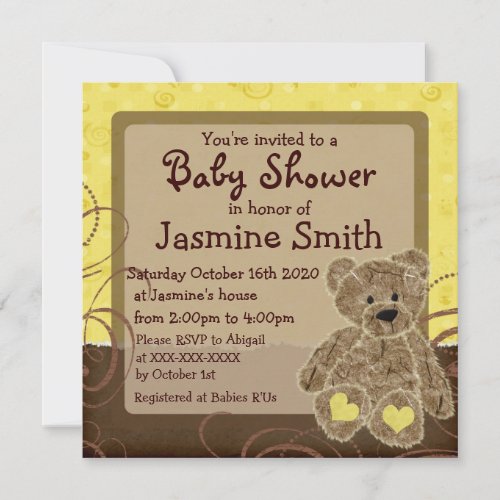 Gender neutral yellow brown teddy shower invites