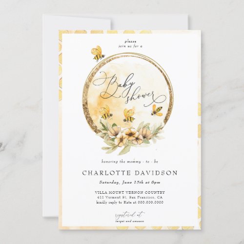 Gender Neutral Yellow Bumble Bee Gold Baby Shower Invitation