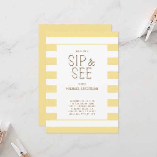 Gender Neutral Yellow White Striped  Sip and See  Invitation
