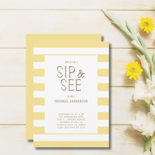 Gender Neutral Yellow White Striped  Sip and See  Invitation