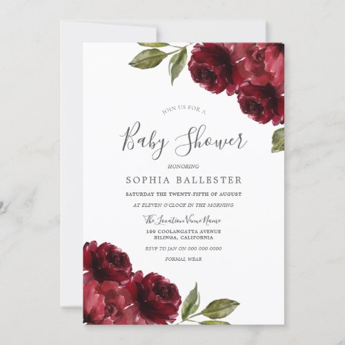 Gender NeutralBurgundy Red Flowers Baby Shower Invitation