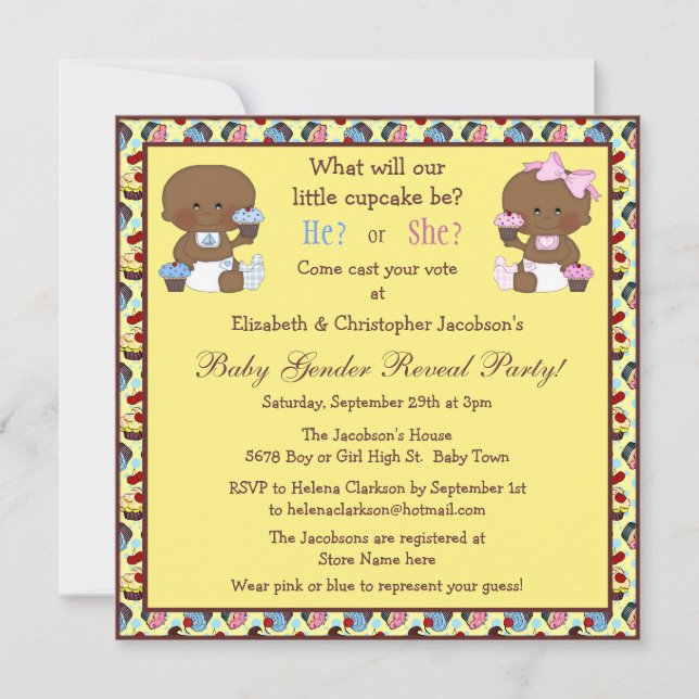 Gender Reveal African American Babies & Cupcakes Invitation (Front)