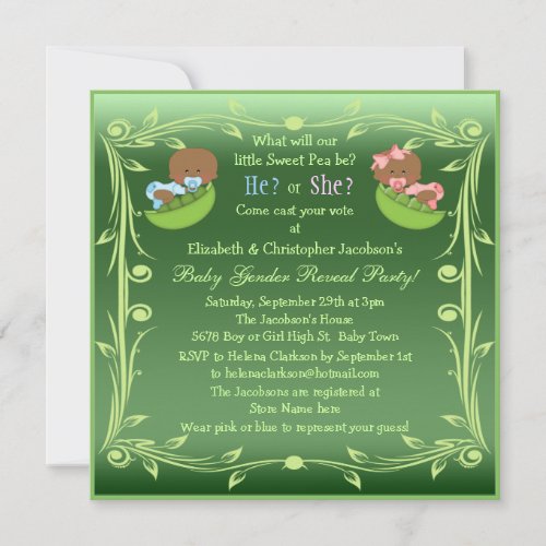 Gender Reveal African American Babies in Pea Pods Personalized Invites