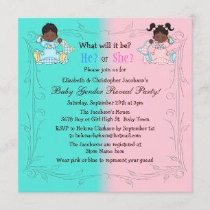 Gender Reveal African American Babies Pink & Blue Invitation