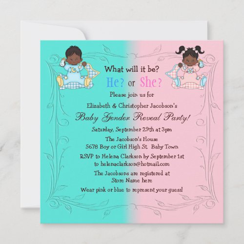 Gender Reveal African American Babies Pink  Blue Invitation