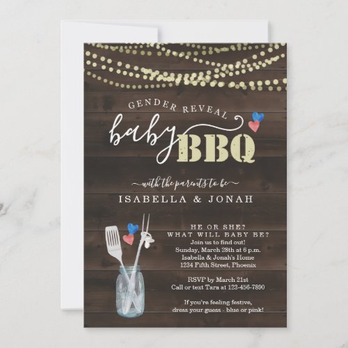 Gender Reveal Baby BBQ Invitation  Baby Q Barbeque - A cute pacifier hanging from BBQ utensils in a mason jar depicting your wonderfully rustic "Gender Reveal Baby BBQ" celebration.