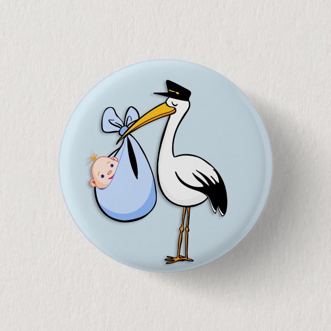 Gender Reveal Baby Boy White Stork Blue Cloth Button (Front)