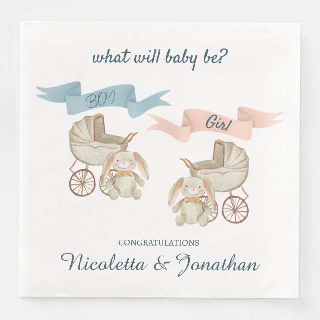 Gender Reveal Baby Bunny Pink or Blue Paper Dinner Napkins (Front)