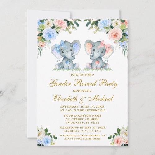 Gender Reveal Baby Elephants Pink Blue Floral Gold Invitation