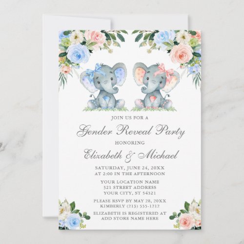 Gender Reveal Baby Elephants Pink Blue Floral Invitation