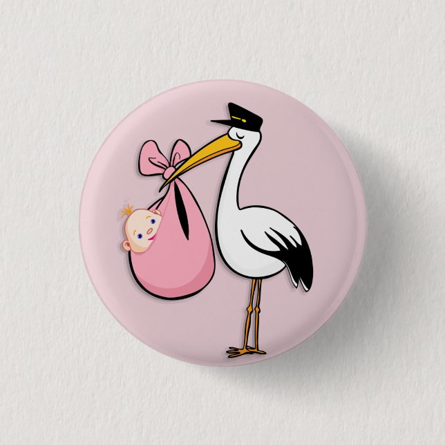 Gender Reveal Baby Girl White Stork Pink Cloth Button (Front)