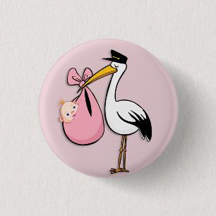 Gender Reveal Baby Girl White Stork Pink Cloth Button