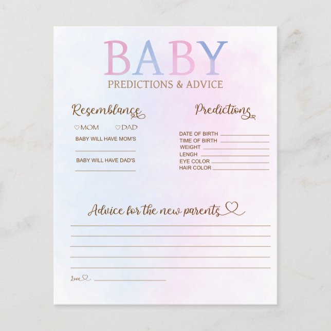 Gender Reveal Baby Predictions & Advice Card (Front)