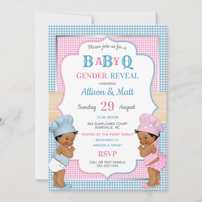 Gender Reveal Baby Q BBQ Pink Blue Gingham Invitation (Front)