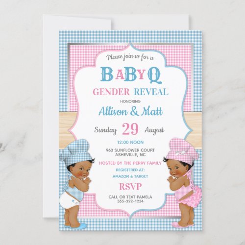 Gender Reveal Baby Q BBQ Pink Blue Gingham Invitation