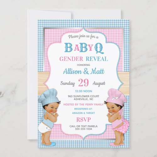 Gender Reveal Baby Q BBQ Pink Blue Gingham Invitation