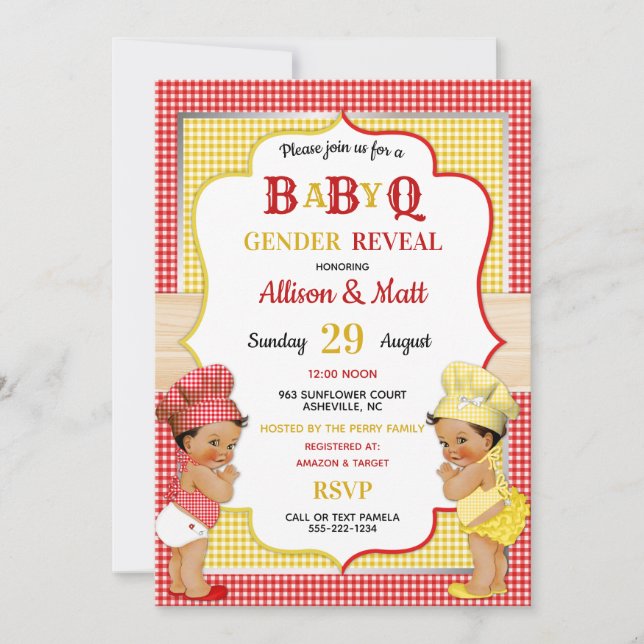 Gender Reveal Baby Q BBQ Red Yellow Gingham Invitation (Front)