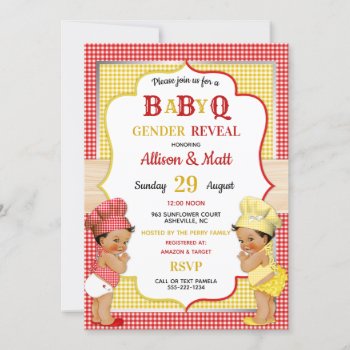 Gender Reveal Baby Q Bbq Red Yellow Gingham Invitation by nawnibelles at Zazzle
