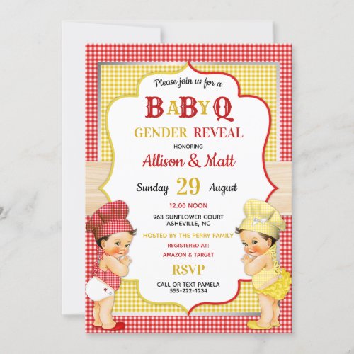 Gender Reveal Baby Q BBQ Red Yellow Gingham Invitation
