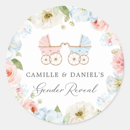Gender Reveal Baby Shower Blue and Pink Floral Classic Round Sticker