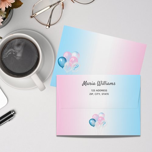 Gender reveal baby shower blue pink balloons envelope