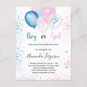 Gender reveal baby shower blue pink boy girl invitation postcard